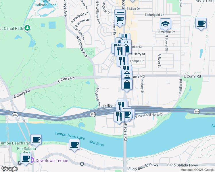 map of restaurants, bars, coffee shops, grocery stores, and more near 707 East Curry Road in Tempe
