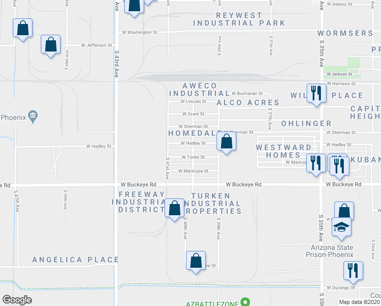 map of restaurants, bars, coffee shops, grocery stores, and more near 4013 West Hadley Street in Phoenix