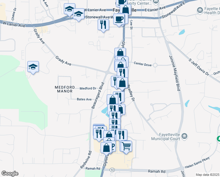 map of restaurants, bars, coffee shops, grocery stores, and more near 190 Stayman Park in Fayetteville