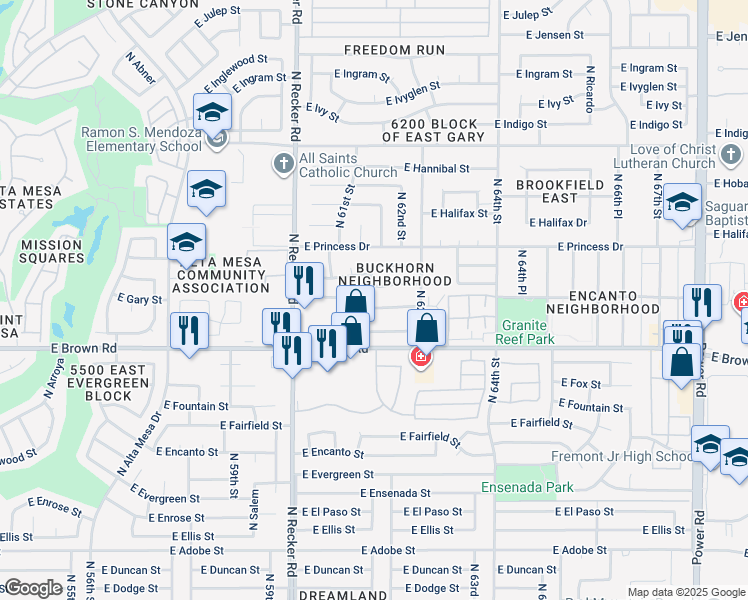map of restaurants, bars, coffee shops, grocery stores, and more near 1304 North 61st Place in Mesa