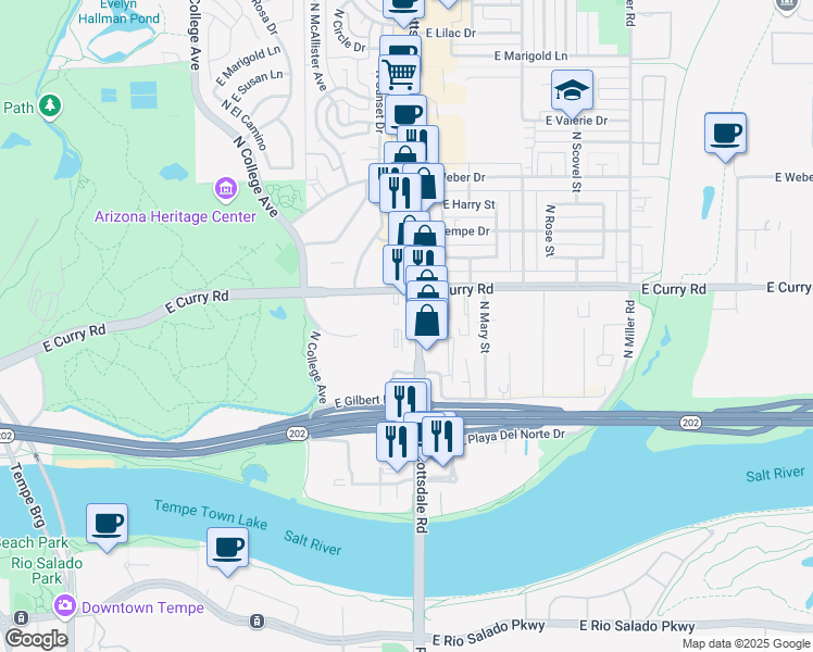 map of restaurants, bars, coffee shops, grocery stores, and more near 914 North Scottsdale Road in Tempe