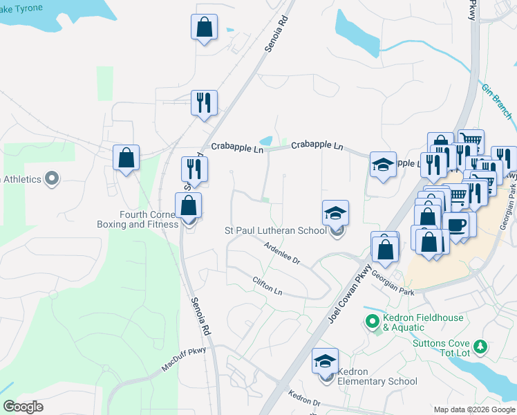 map of restaurants, bars, coffee shops, grocery stores, and more near 202 Briarleigh Drive in Peachtree City