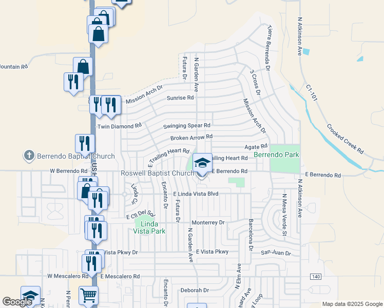 map of restaurants, bars, coffee shops, grocery stores, and more near 3310 North Garden Avenue in Roswell