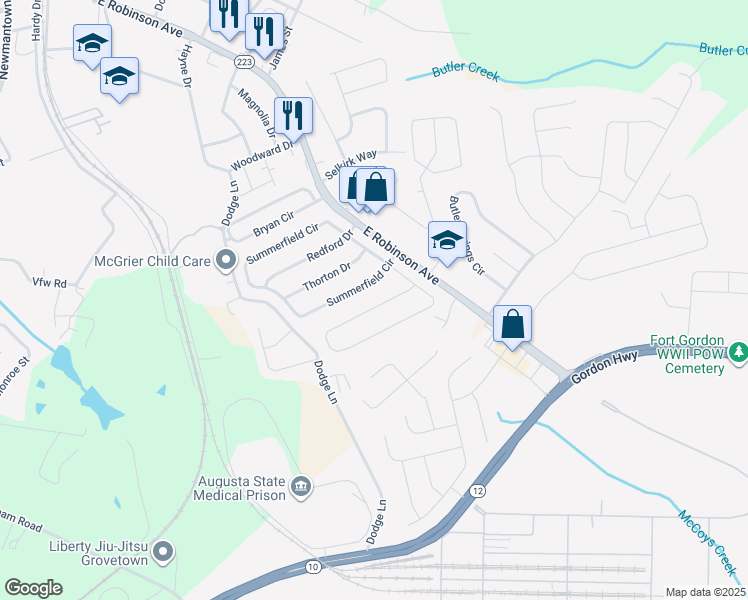 map of restaurants, bars, coffee shops, grocery stores, and more near 212 Taylor Circle in Grovetown