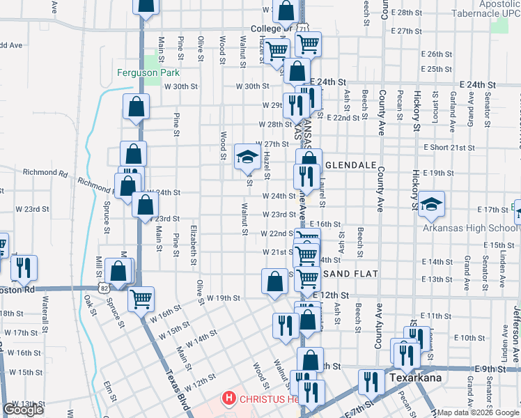 map of restaurants, bars, coffee shops, grocery stores, and more near 2319 Hazel Street in Texarkana