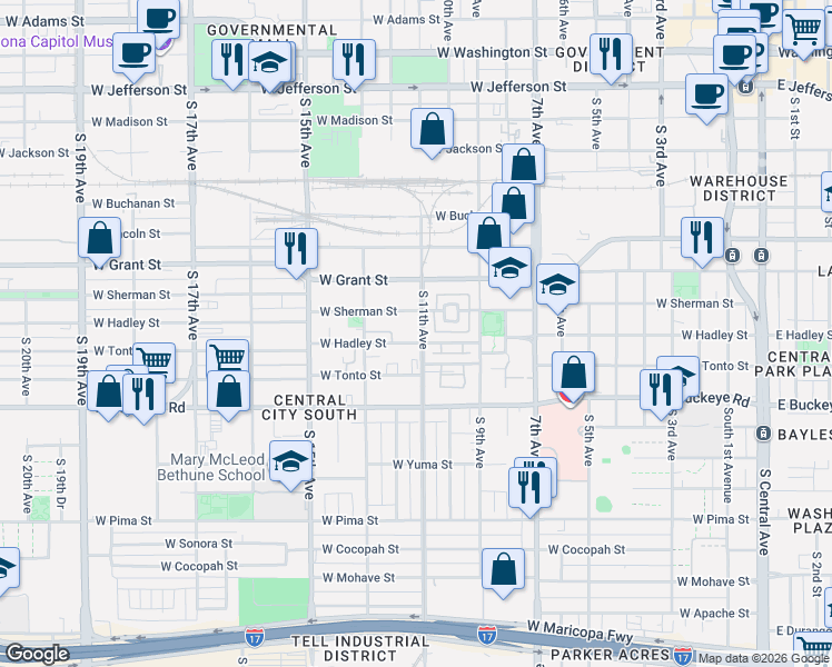 map of restaurants, bars, coffee shops, grocery stores, and more near 1105 West Sherman Street in Phoenix