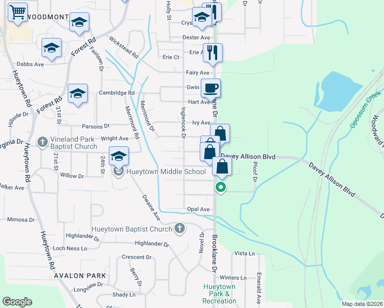 map of restaurants, bars, coffee shops, grocery stores, and more near 110 Kentwood Avenue in Hueytown