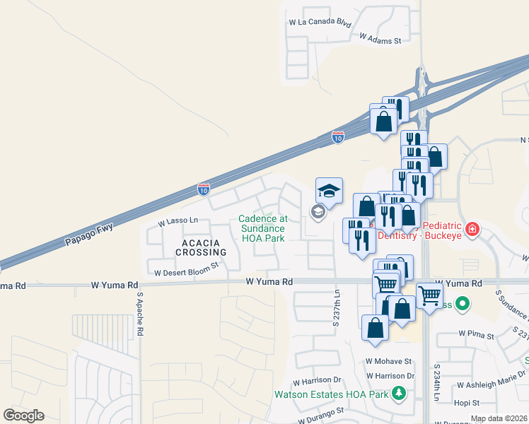 map of restaurants, bars, coffee shops, grocery stores, and more near 23948 West Lasso Lane in Buckeye