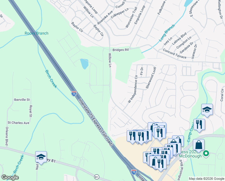 map of restaurants, bars, coffee shops, grocery stores, and more near 400 Willow Lane in McDonough