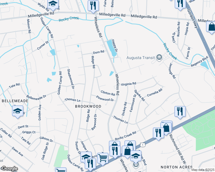 map of restaurants, bars, coffee shops, grocery stores, and more near 2373 Wheeless Road in Augusta