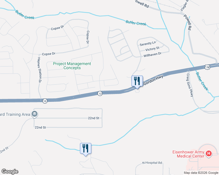 map of restaurants, bars, coffee shops, grocery stores, and more near 141 Sims Court in Augusta