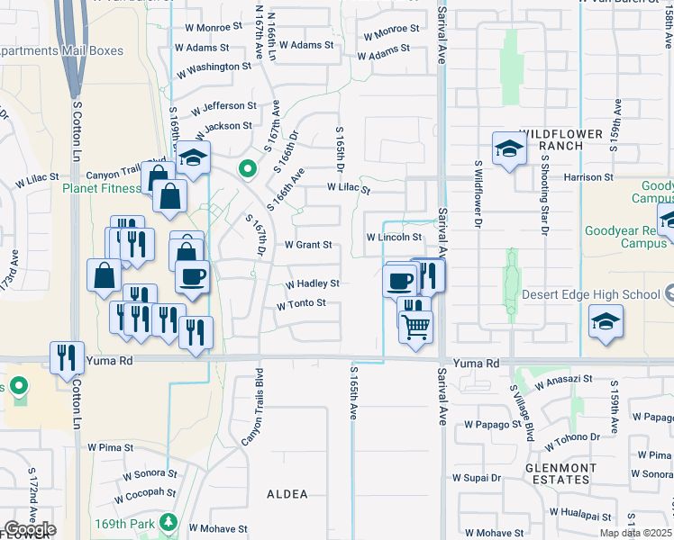 map of restaurants, bars, coffee shops, grocery stores, and more near 16522 West Sherman Street in Goodyear