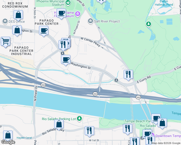 map of restaurants, bars, coffee shops, grocery stores, and more near 1033 North Parkside Drive in Tempe