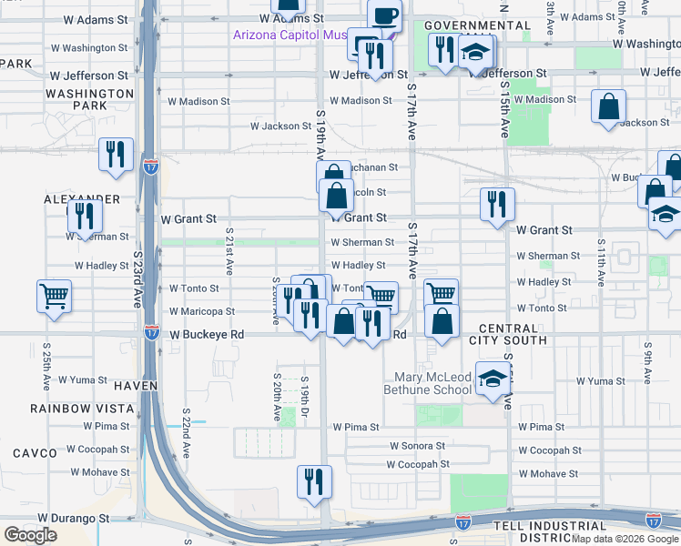 map of restaurants, bars, coffee shops, grocery stores, and more near 1842 West Hadley Street in Phoenix