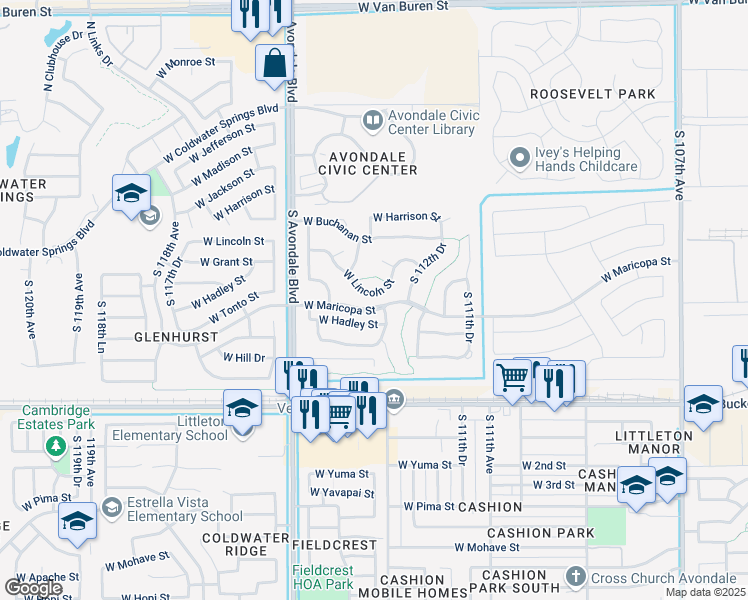 map of restaurants, bars, coffee shops, grocery stores, and more near 11337 West Lincoln Street in Avondale