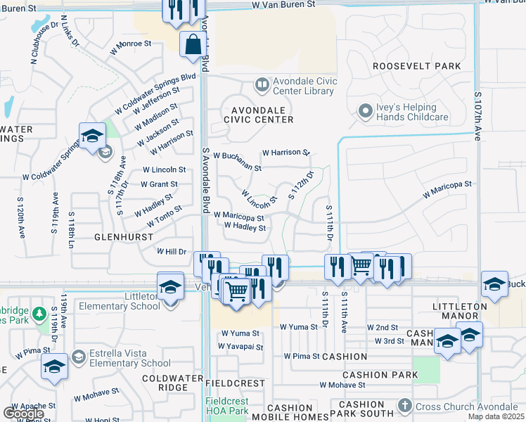 map of restaurants, bars, coffee shops, grocery stores, and more near 11349 West Lincoln Street in Avondale