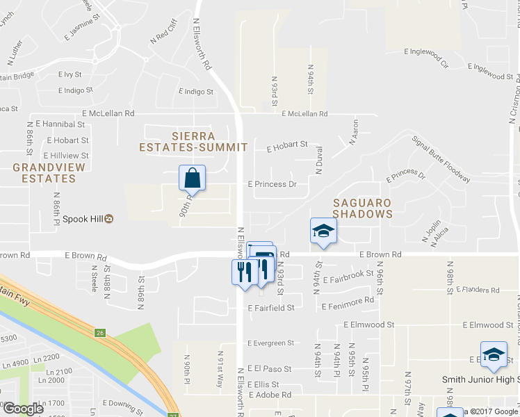 map of restaurants, bars, coffee shops, grocery stores, and more near 9233 East Grandview Street in Mesa