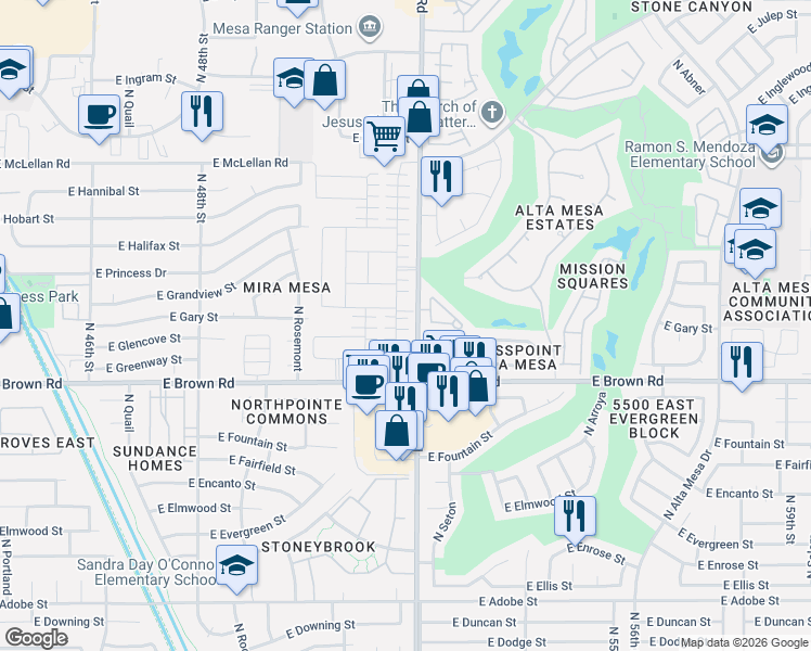 map of restaurants, bars, coffee shops, grocery stores, and more near 1318 North Balboa in Mesa
