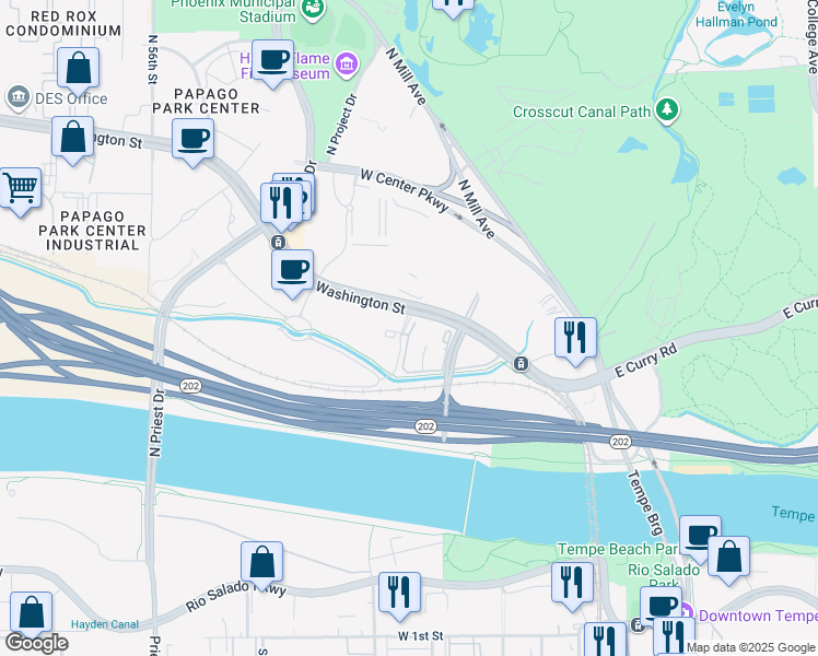 map of restaurants, bars, coffee shops, grocery stores, and more near 1057 North Parkside Drive in Tempe