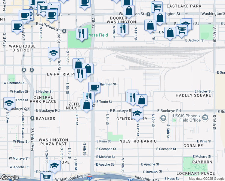 map of restaurants, bars, coffee shops, grocery stores, and more near 811 South 9th Place in Phoenix