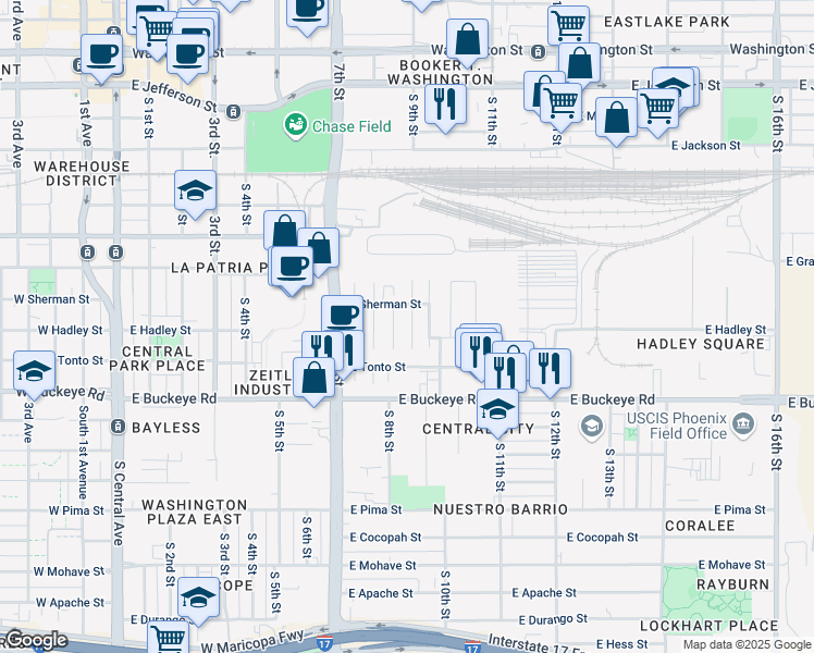 map of restaurants, bars, coffee shops, grocery stores, and more near 811 South 9th Place in Phoenix