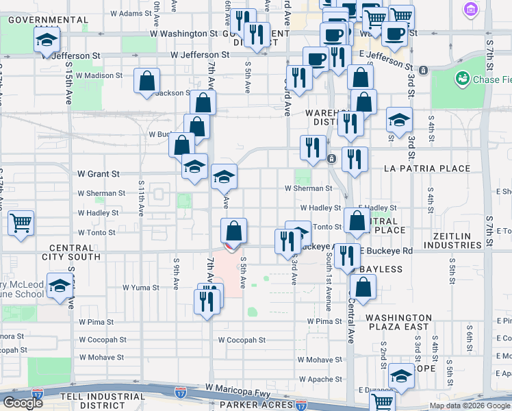 map of restaurants, bars, coffee shops, grocery stores, and more near 817 South 5th Avenue in Phoenix