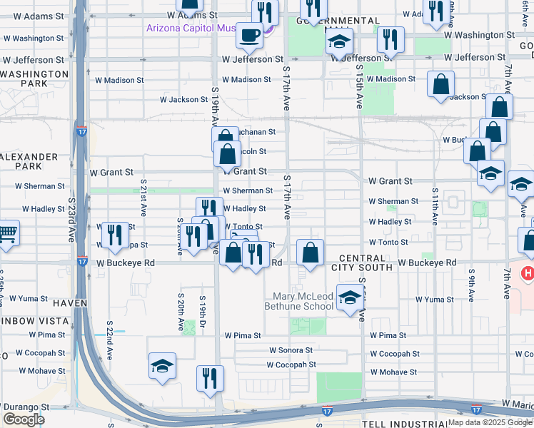 map of restaurants, bars, coffee shops, grocery stores, and more near 1714 West Hadley Street in Phoenix