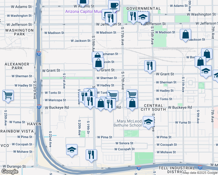 map of restaurants, bars, coffee shops, grocery stores, and more near 1760 West Hadley Street in Phoenix