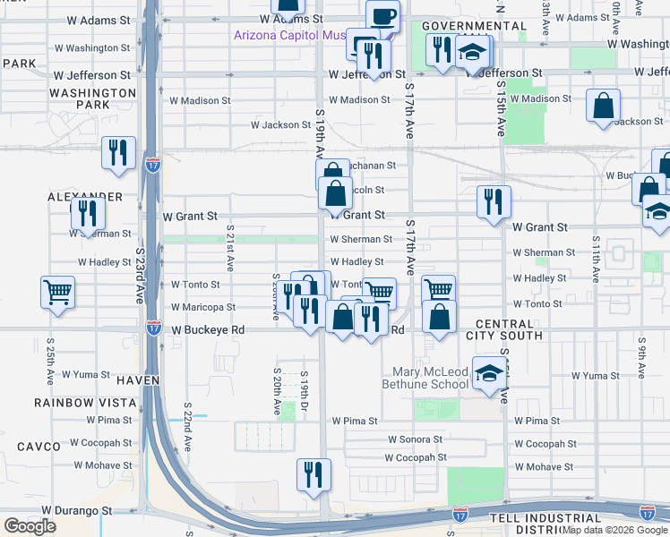 map of restaurants, bars, coffee shops, grocery stores, and more near 1842 West Hadley Street in Phoenix