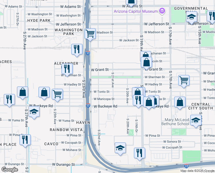 map of restaurants, bars, coffee shops, grocery stores, and more near 2127 West Hadley Street in Phoenix
