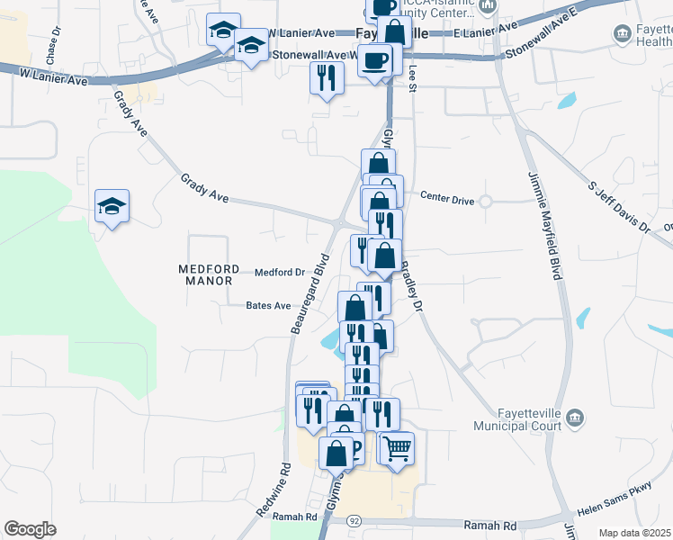 map of restaurants, bars, coffee shops, grocery stores, and more near 185 Stayman Park in Fayetteville