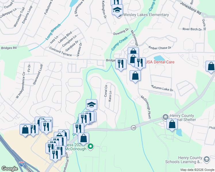map of restaurants, bars, coffee shops, grocery stores, and more near 282 Coral Circle in McDonough