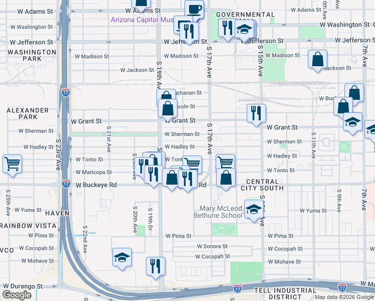 map of restaurants, bars, coffee shops, grocery stores, and more near 1760 West Hadley Street in Phoenix
