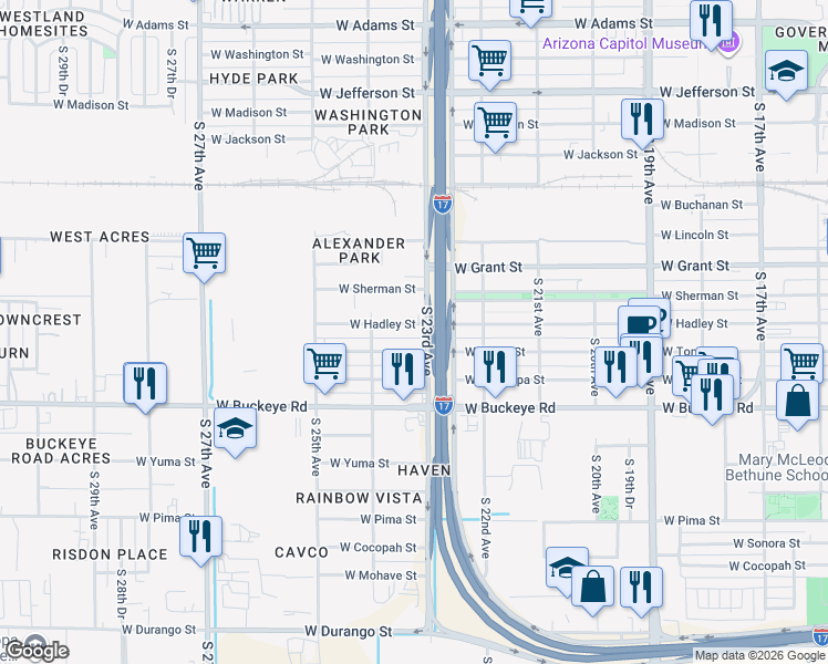 map of restaurants, bars, coffee shops, grocery stores, and more near 902 South 23rd Avenue in Phoenix