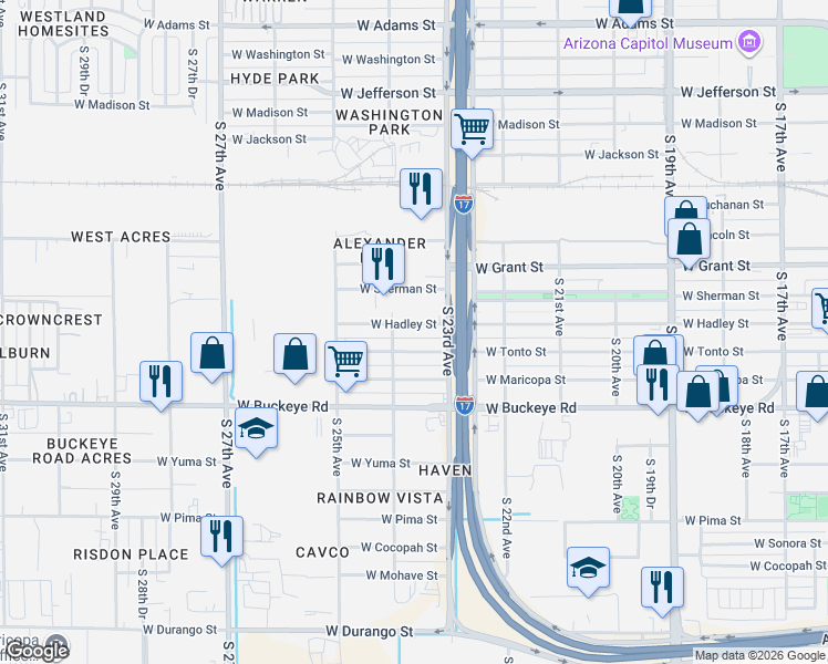 map of restaurants, bars, coffee shops, grocery stores, and more near 2332 West Hadley Street in Phoenix