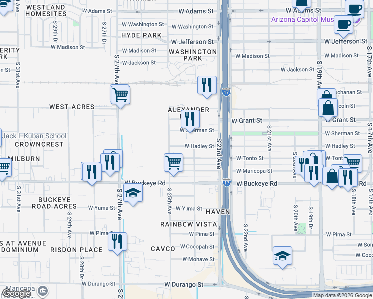 map of restaurants, bars, coffee shops, grocery stores, and more near 2410 West Hadley Street in Phoenix
