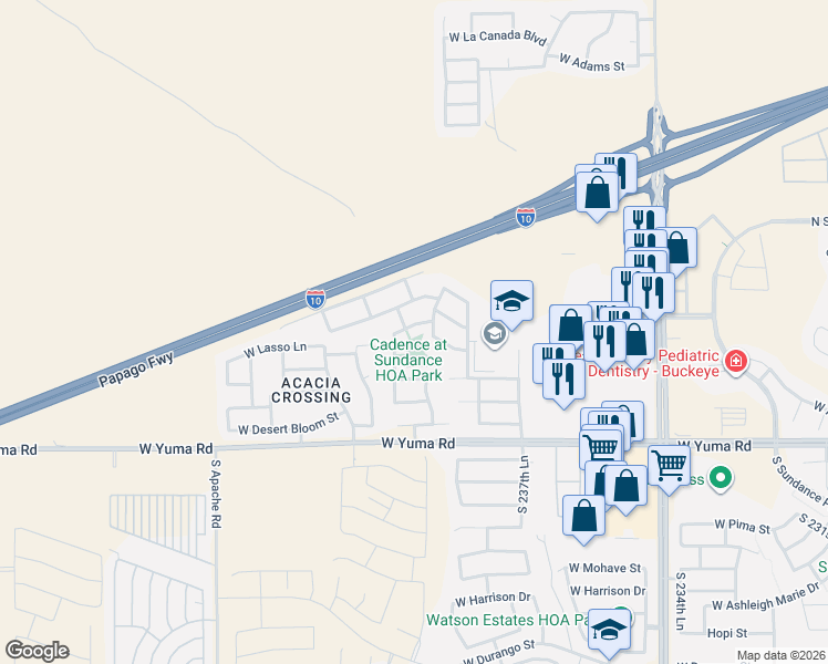 map of restaurants, bars, coffee shops, grocery stores, and more near 23948 West Lasso Lane in Buckeye