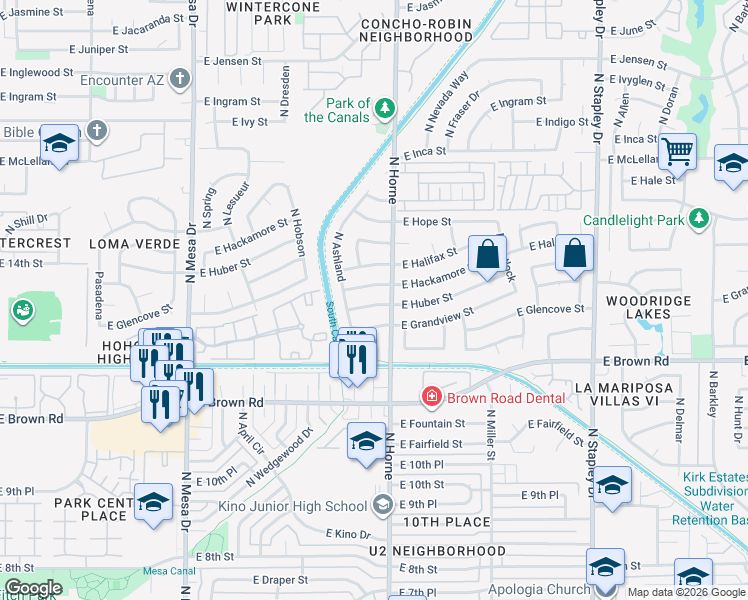 map of restaurants, bars, coffee shops, grocery stores, and more near 746 East Huber Street in Mesa