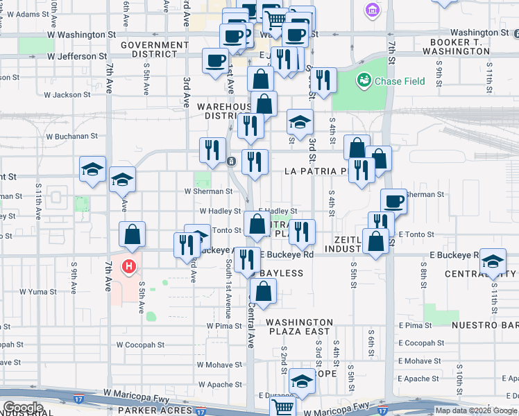 map of restaurants, bars, coffee shops, grocery stores, and more near 12 East Hadley Street in Phoenix