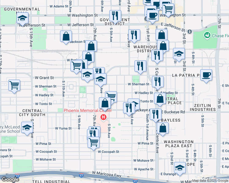 map of restaurants, bars, coffee shops, grocery stores, and more near 817 South 5th Avenue in Phoenix