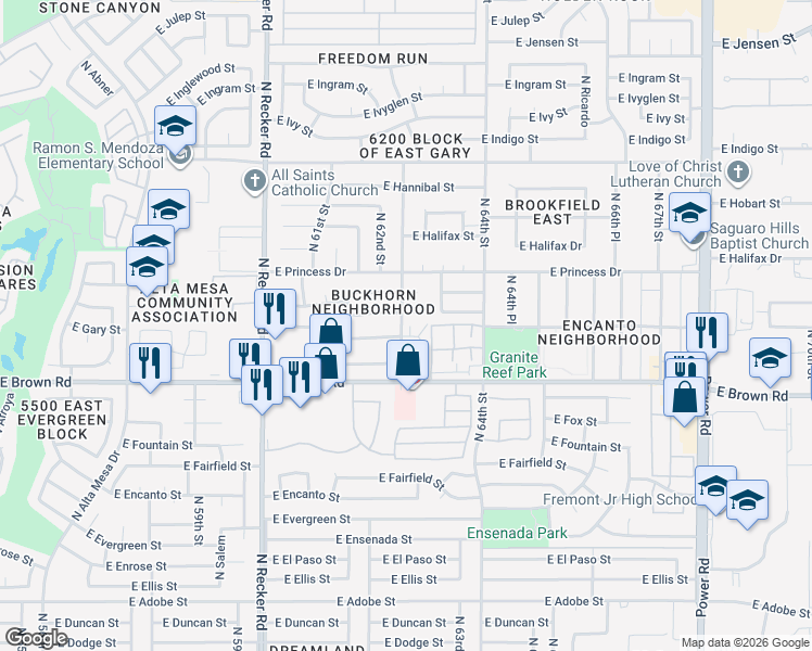map of restaurants, bars, coffee shops, grocery stores, and more near 6241 East Gary Circle in Mesa
