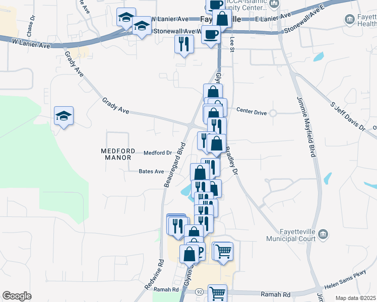 map of restaurants, bars, coffee shops, grocery stores, and more near 185 Stayman Park in Fayetteville