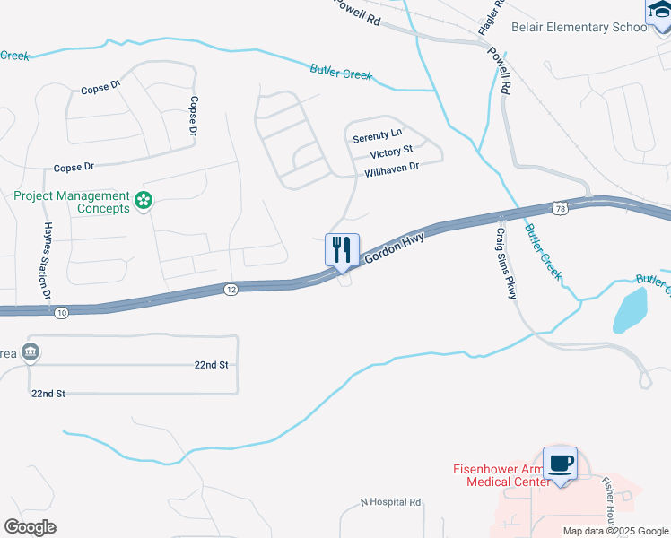 map of restaurants, bars, coffee shops, grocery stores, and more near 2731 Gordon Highway in Grovetown