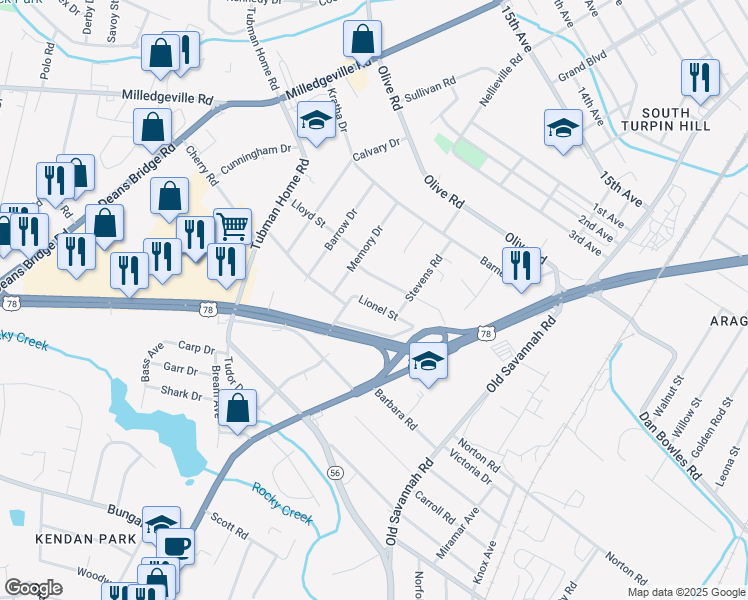 map of restaurants, bars, coffee shops, grocery stores, and more near 1964 Lionel Street in Augusta