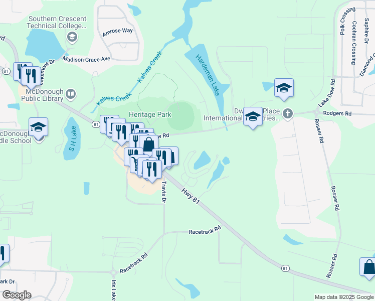 map of restaurants, bars, coffee shops, grocery stores, and more near 304 Meeting Street in McDonough