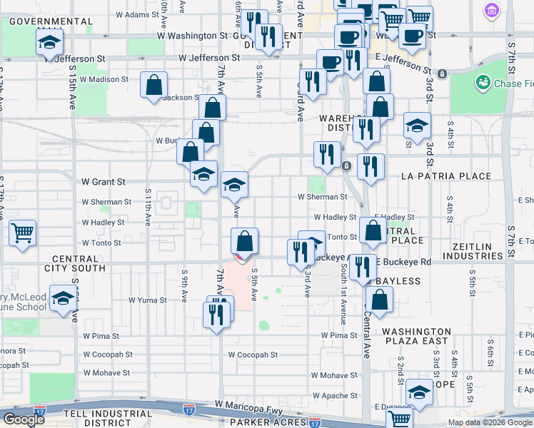 map of restaurants, bars, coffee shops, grocery stores, and more near 817 South 5th Avenue in Phoenix