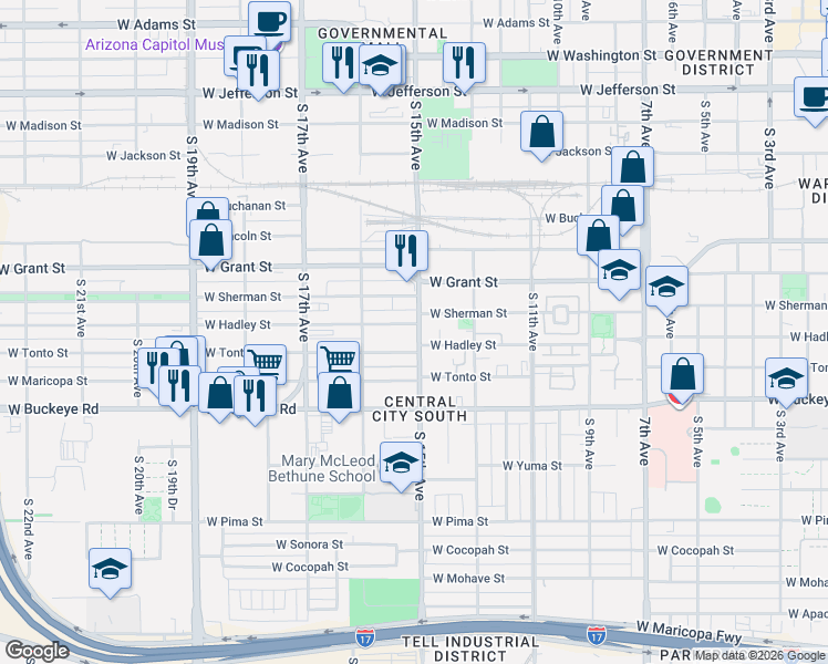 map of restaurants, bars, coffee shops, grocery stores, and more near 1510 West Hadley Street in Phoenix