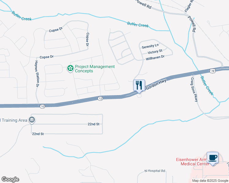 map of restaurants, bars, coffee shops, grocery stores, and more near 141 Sims Court in Augusta