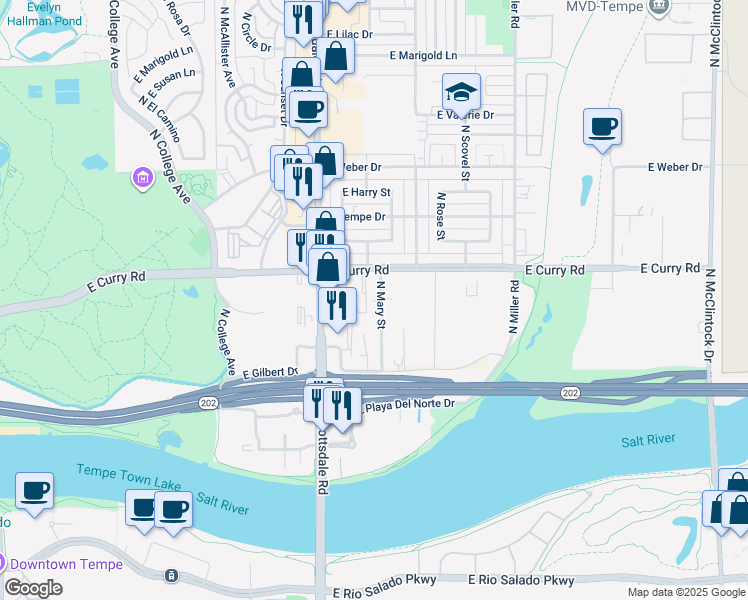 map of restaurants, bars, coffee shops, grocery stores, and more near 914 North Mary Street in Tempe