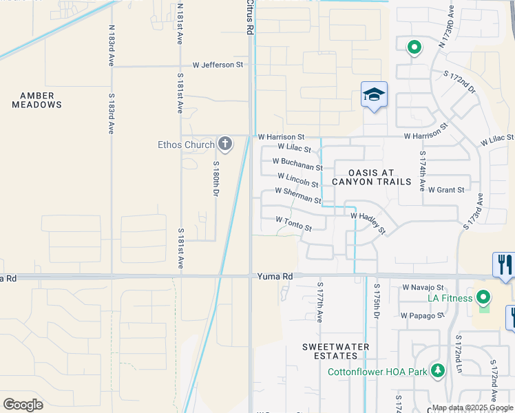 map of restaurants, bars, coffee shops, grocery stores, and more near 17858 West Hadley Street in Goodyear